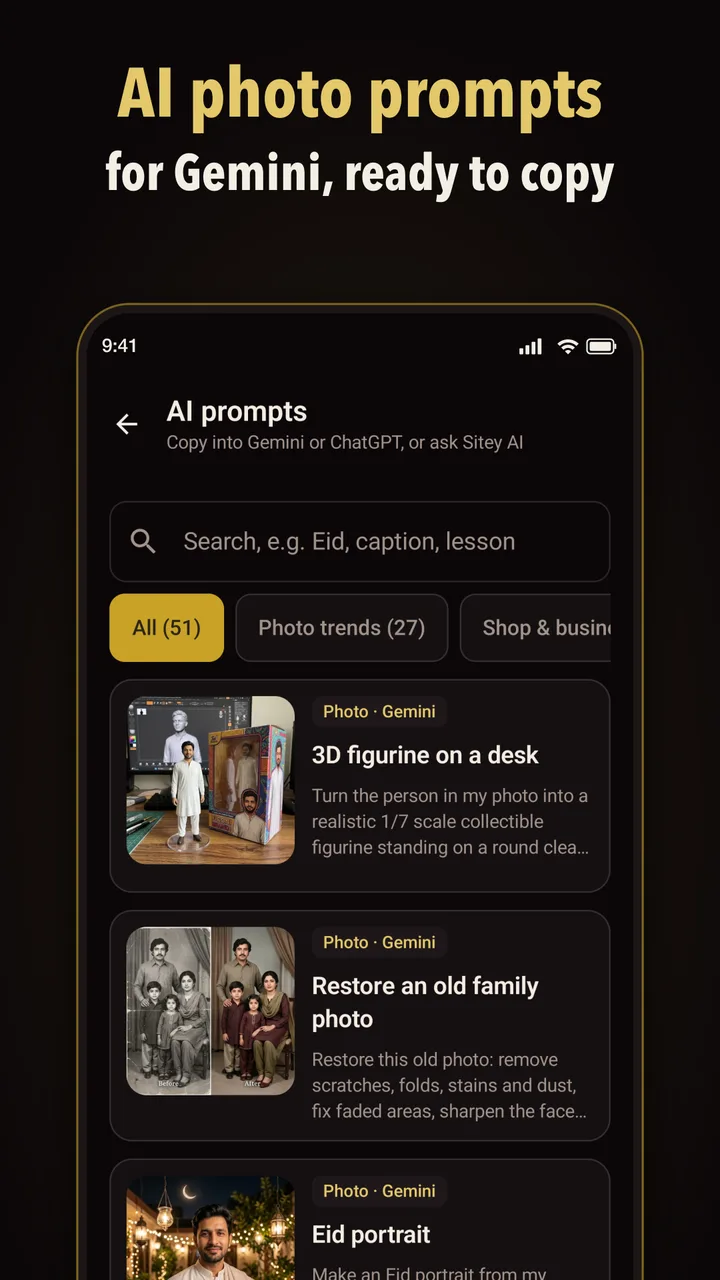 AI photo prompts for Gemini, ready to copy
