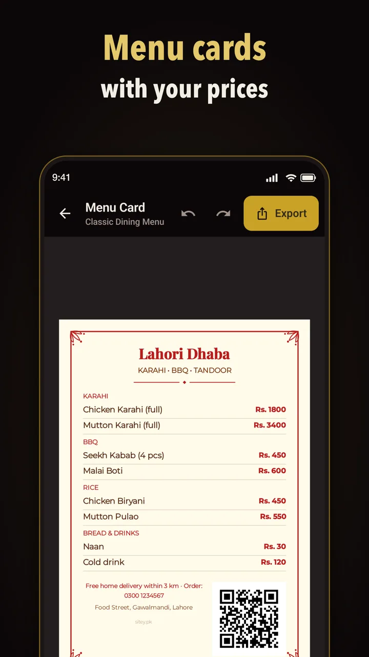 Menu cards with your prices
