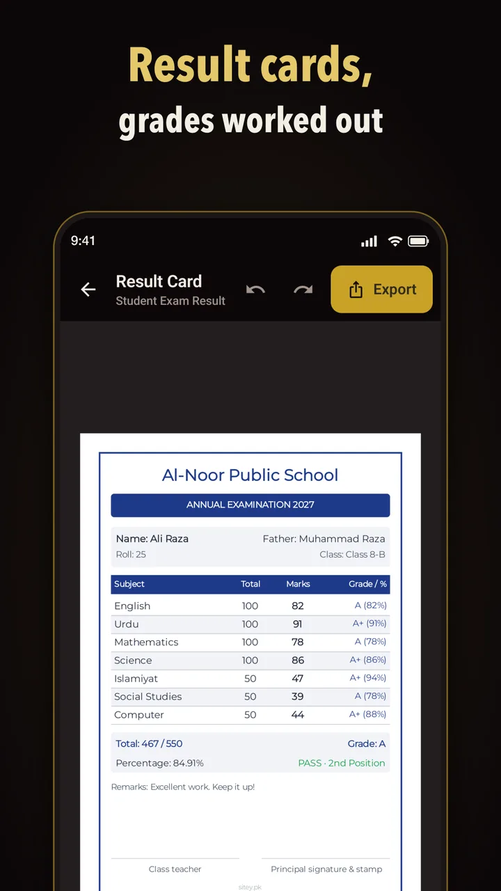 Result cards, grades worked out