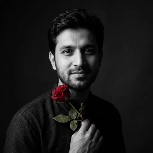 Black-and-white portrait with a red rose: example made with Gemini