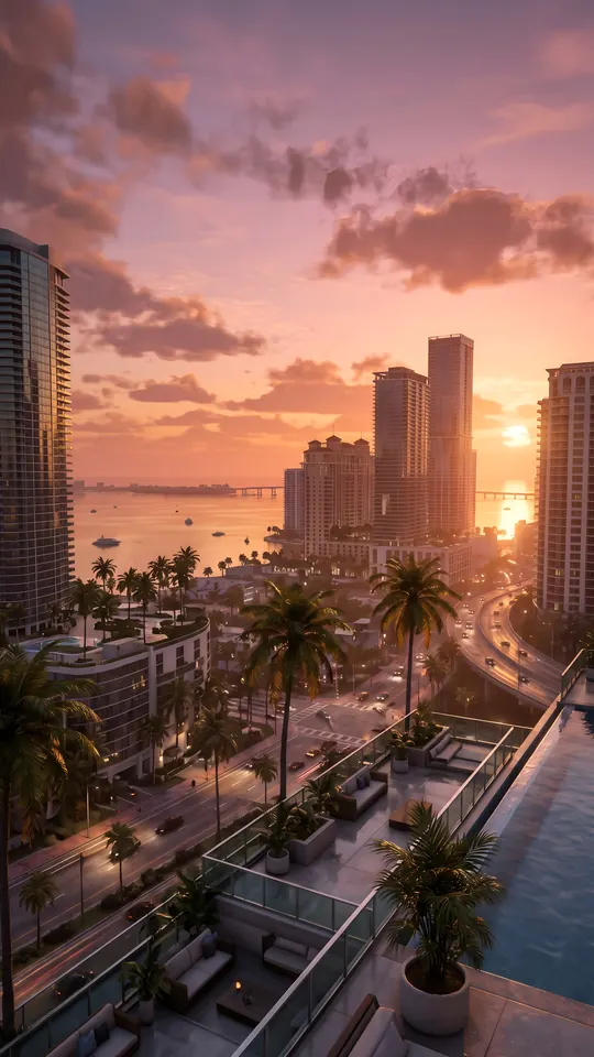 غروبِ آفتاب میں خلیج پر چھت: GTA 6 جیسا 4K موبائل وال پیپر