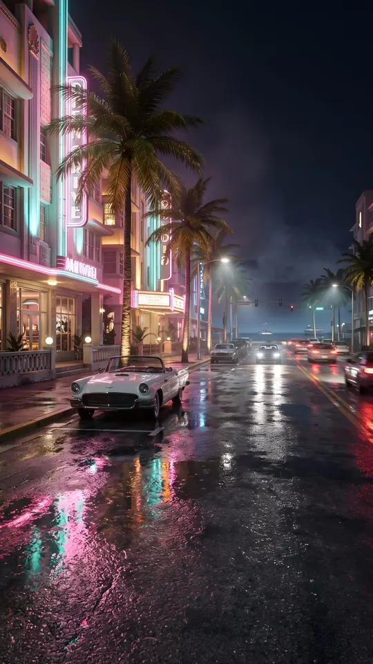 رات کی بارش میں نیون سڑک: GTA 6 جیسا 4K موبائل وال پیپر