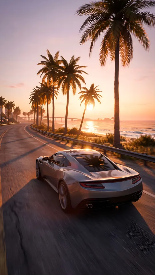 شام کو ساحلی سڑک پر اسپورٹس کار: GTA 6 جیسا 4K موبائل وال پیپر