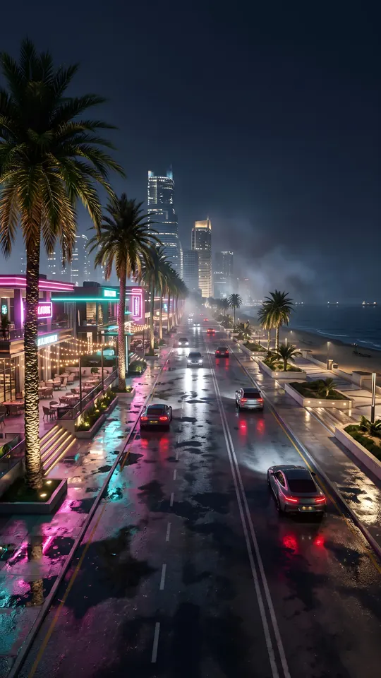 رات کو نیون ساحلی سڑک: GTA 6 جیسا 4K موبائل وال پیپر