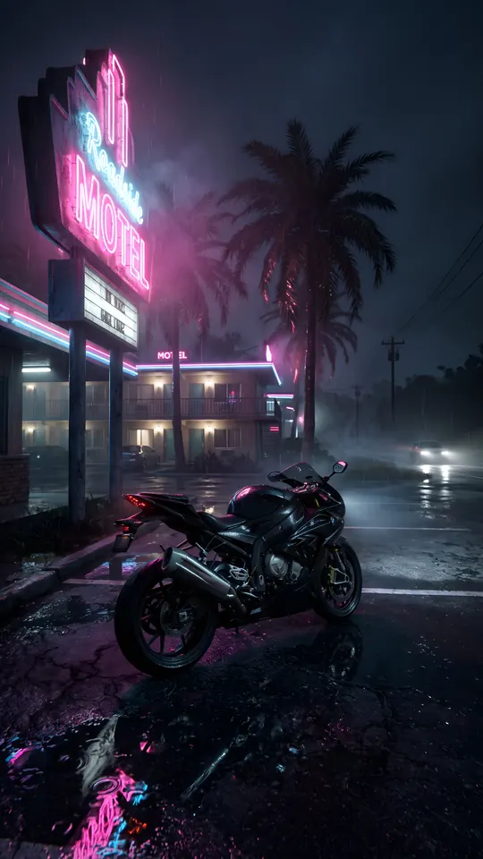 نیون موٹیل پر اسپورٹس بائیک: GTA 6 جیسا 4K موبائل وال پیپر