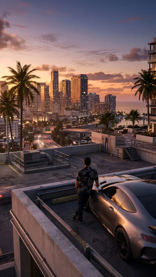 شہر کے اوپر چھت کی پارکنگ: GTA 6 جیسا 4K موبائل وال پیپر